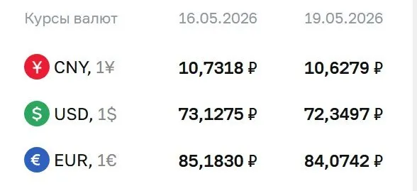Центральный банк на 19 мая снизил официальные курсы валют: доллар — 72,35 ₽, евро — 84,07 ₽; также ослаб юань.