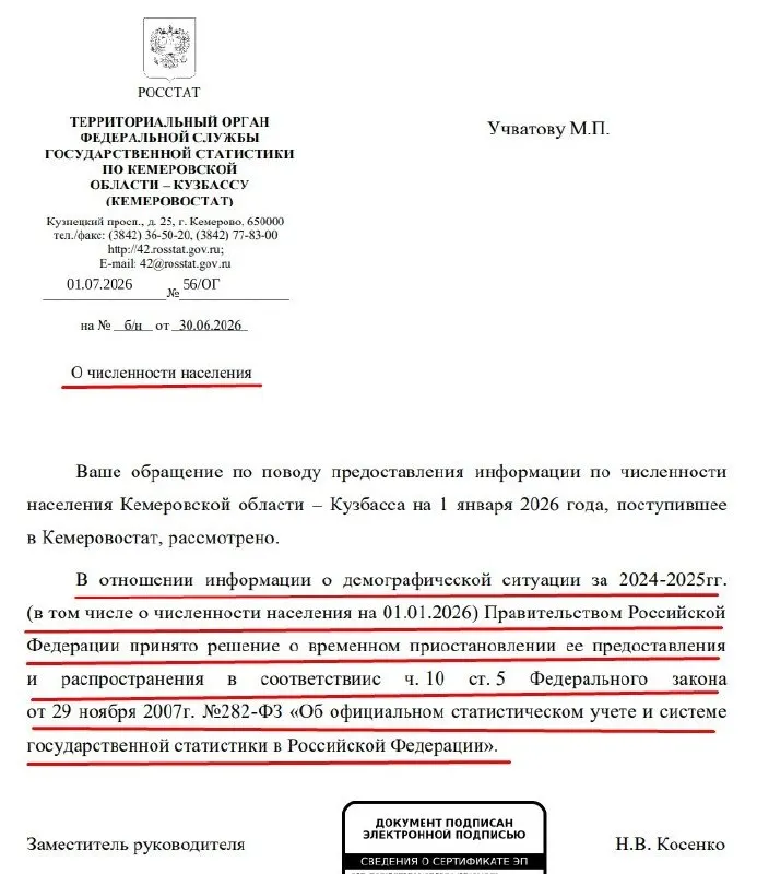 Правительство РФ приняло решение временно приостановить предоставление и распространение официальной статистики о численности населения и демографической ситуации на 2024—2025 годы, следует из ответа Кемеровостата. В 2023 году в закон внесли поправку, расширившую полномочия правительства по регулированию доступа к данным.